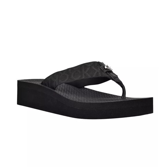 Calvin Klein Meena Black Fabric Logo Wedge Flip Flops – Size 10M - Picture 1 of 13